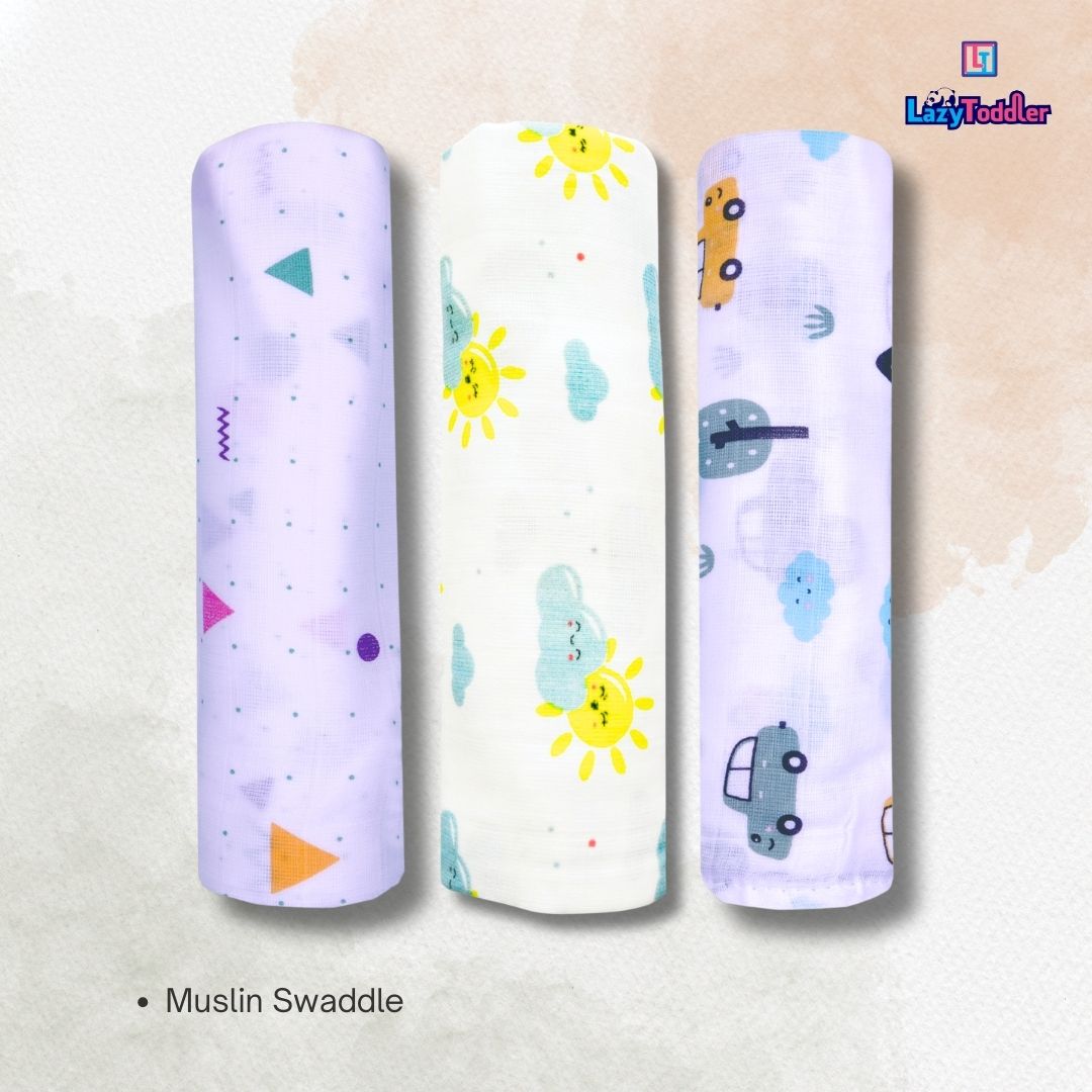 Lazytoddler Muslin Swaddle Printed Design (Triangle , Sun , Car) Set of 3