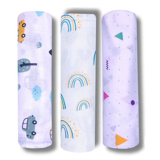 Lazytoddler Muslin Swaddle Printed Design (Triangle , Rainbow , Car) Set of 3