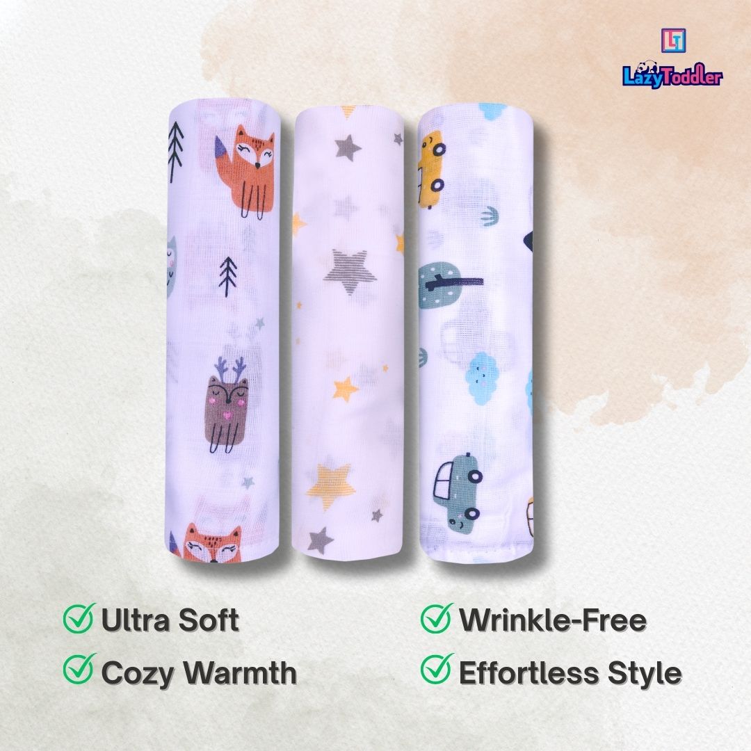 LazyToddler Muslin Swaddle Set of 3 – Fox , Yellow Star & Car – Newborn Baby Blanket