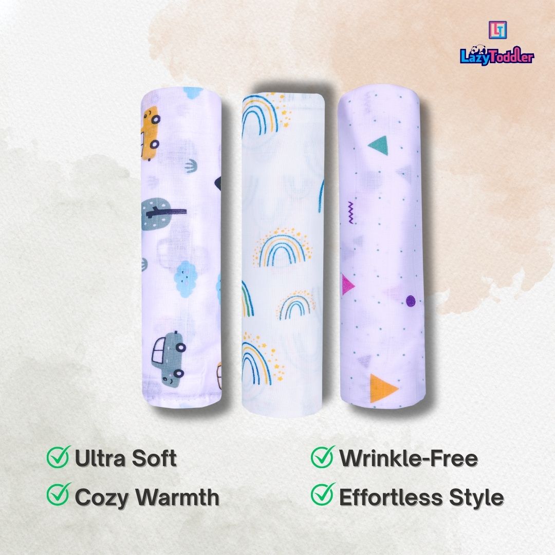 Lazytoddler Muslin Swaddle Printed Design (Triangle , Rainbow , Car) Set of 3