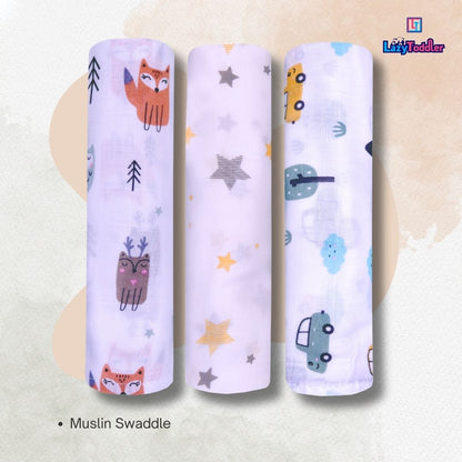 LazyToddler Muslin Swaddle Set of 3 – Fox , Yellow Star & Car – Newborn Baby Blanket