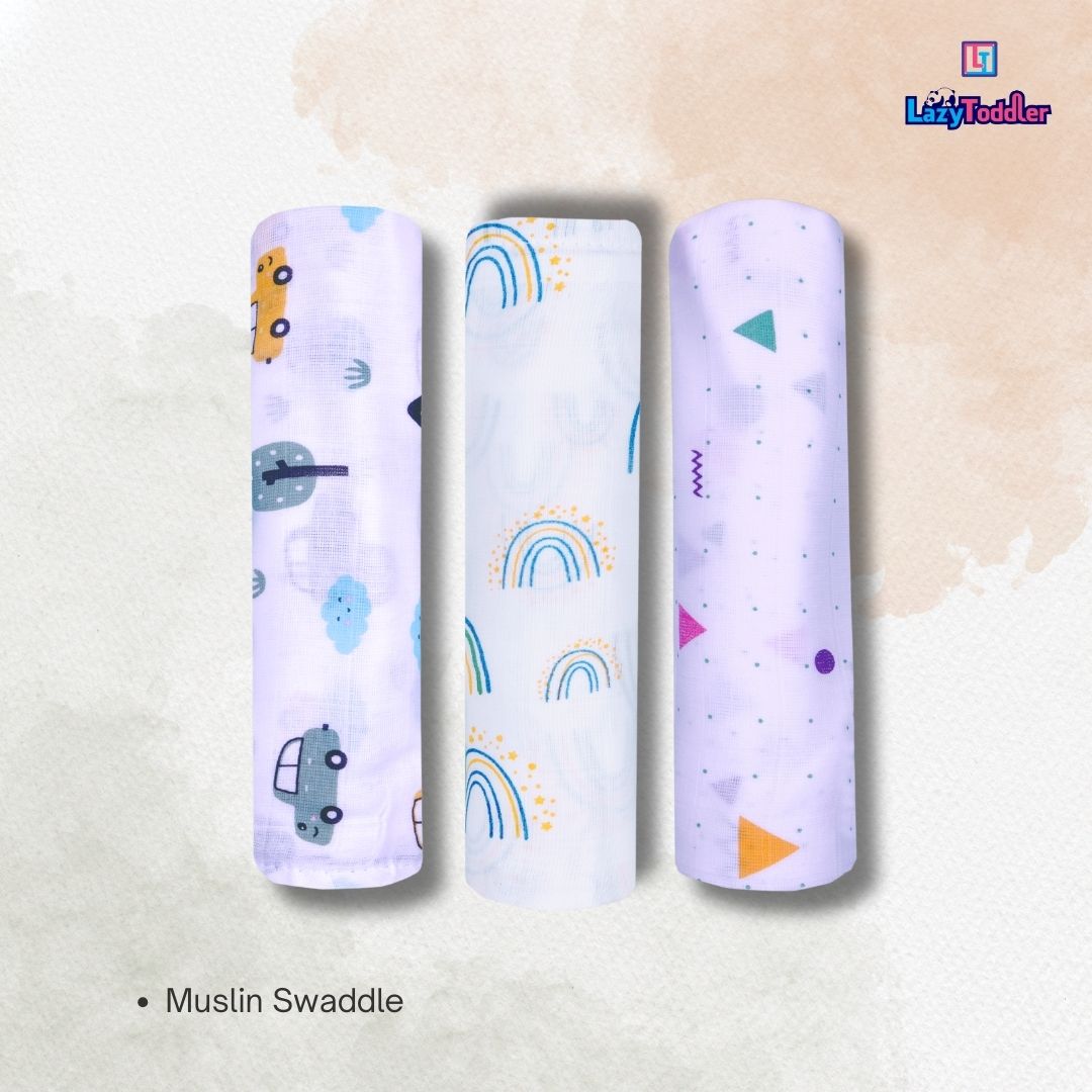 Lazytoddler Muslin Swaddle Printed Design (Triangle , Rainbow , Car) Set of 3