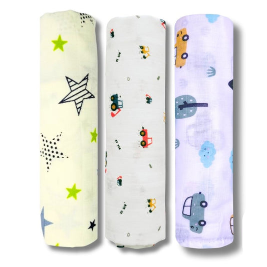 Lazytoddler Muslin Swaddle Printed Design (New Star , Crane , Car) Set of 3