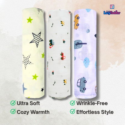 LazyToddler Muslin Swaddle Set of 3 – New Star, Crane & Car – Newborn Baby Blanket