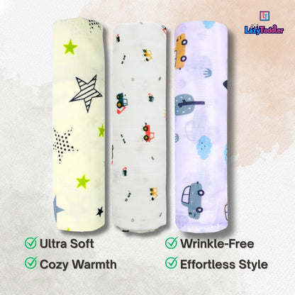 Lazytoddler Muslin Swaddle Printed Design (New Star , Crane , Car) Set of 3