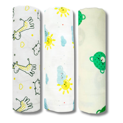 LazyToddler Muslin Swaddle Set of 3 – Sun , Yellow Camel & Bear – Newborn Baby Blanket