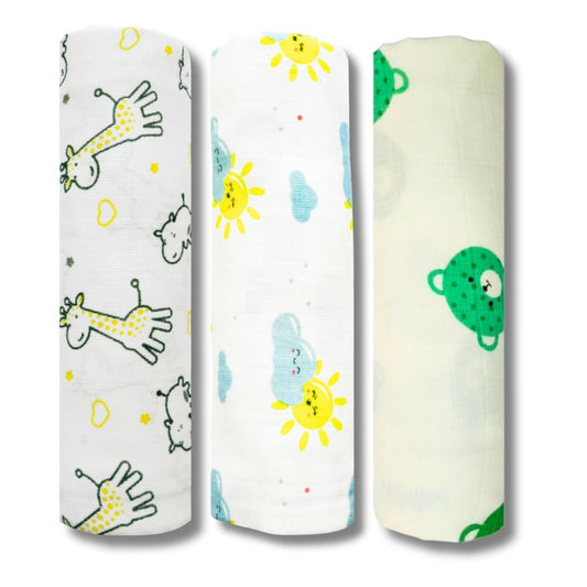 LazyToddler Muslin Swaddle Set of 3 – Sun , Yellow Camel & Bear – Newborn Baby Blanket