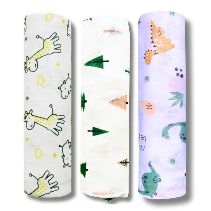 Lazytoddler Muslin Swaddle Printed Design (Yellow Camel , Tree , Dino) Set of 3