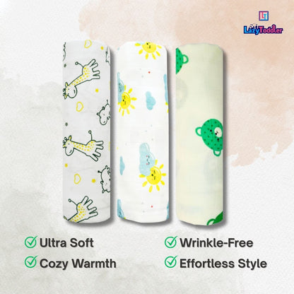 LazyToddler Muslin Swaddle Set of 3 – Sun , Yellow Camel & Bear – Newborn Baby Blanket