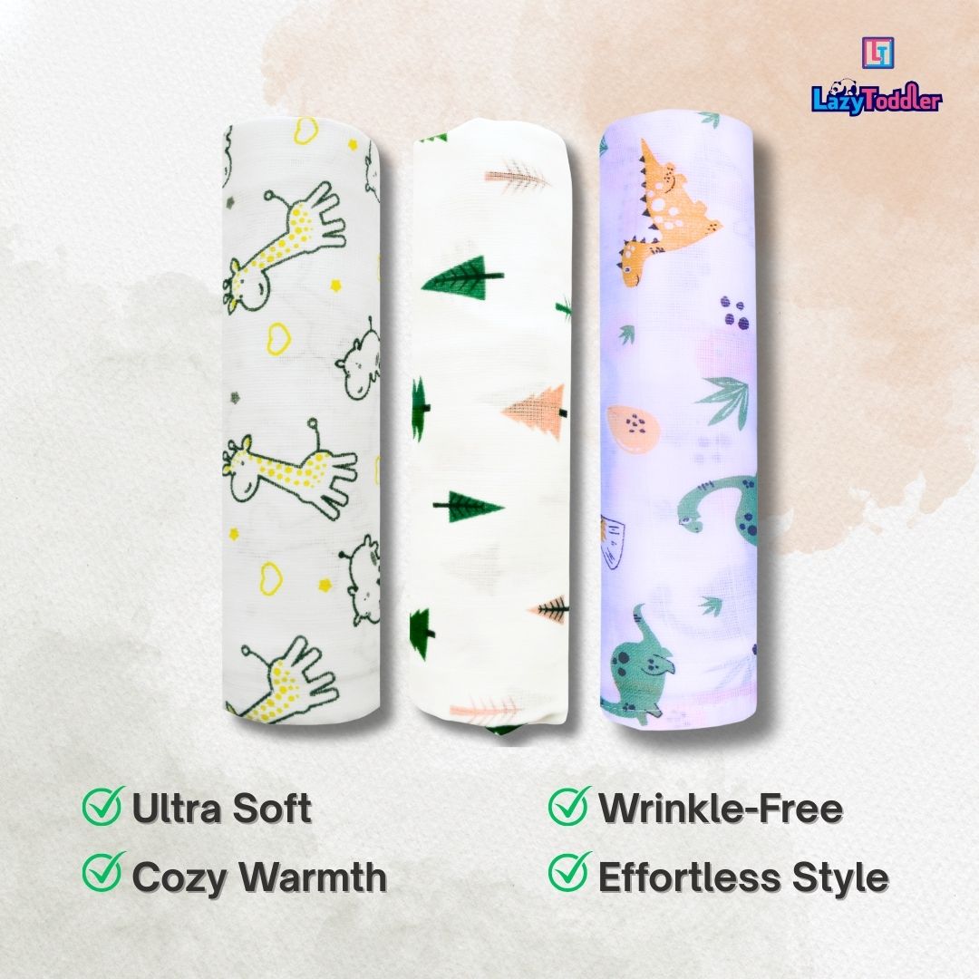 Lazytoddler Muslin Swaddle Printed Design (Yellow Camel , Tree , Dino) Set of 3