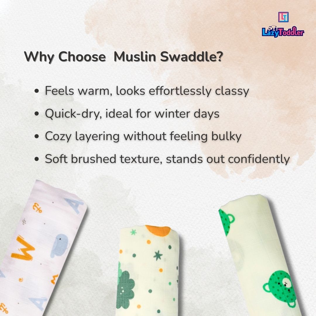 LazyToddler Muslin Swaddle Set of 3 – Sun , Yellow Camel & Bear – Newborn Baby Blanket