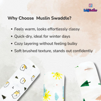 Lazytoddler Muslin Swaddle Printed Design (Yellow Camel , Tree , Dino) Set of 3