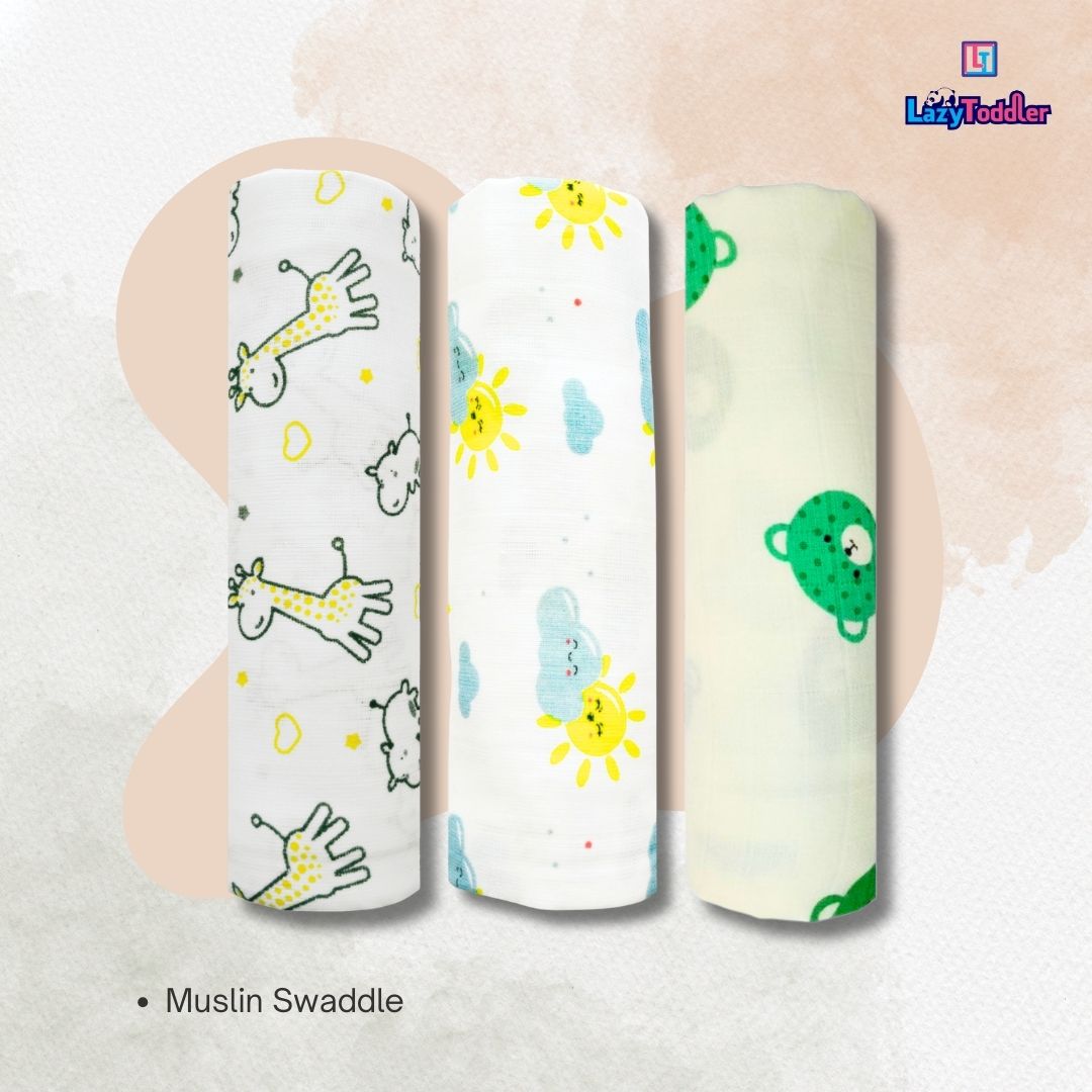 LazyToddler Muslin Swaddle Set of 3 – Sun , Yellow Camel & Bear – Newborn Baby Blanket