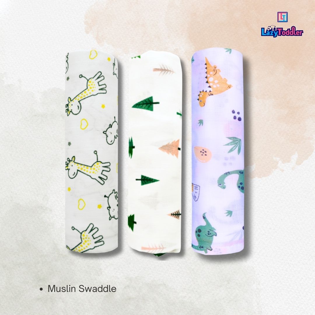 Lazytoddler Muslin Swaddle Printed Design (Yellow Camel , Tree , Dino) Set of 3