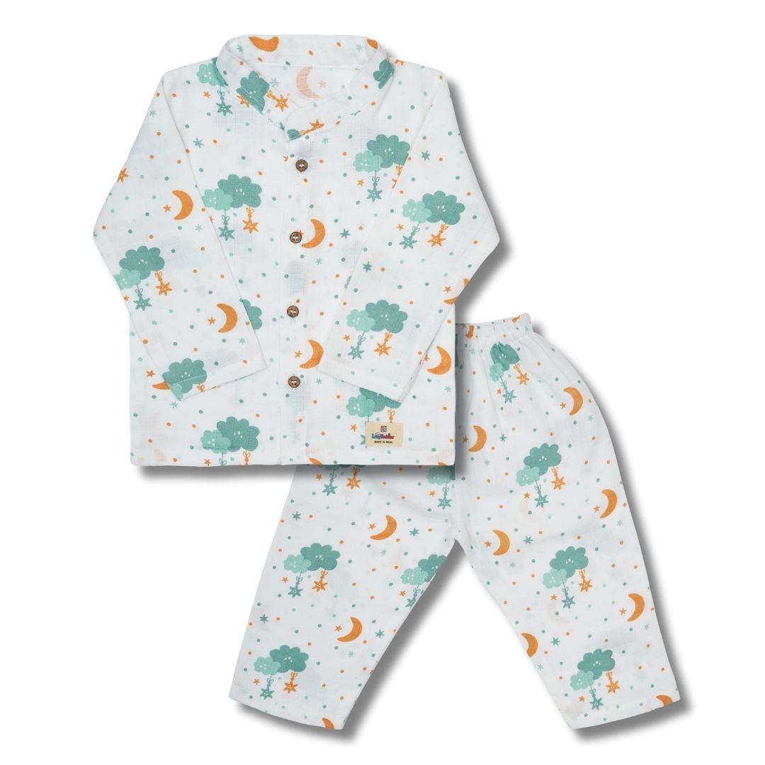 Premium Muslin Chinese Collar Co-ord Set Full Shirt & Pant (Cloud)