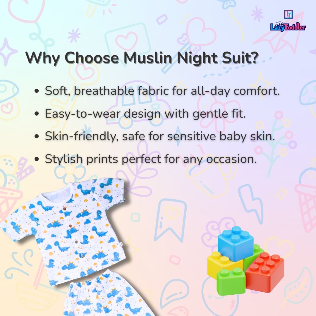 LazyToddler Muslin Half Shirt and Full Pant Set (Blue Dino)