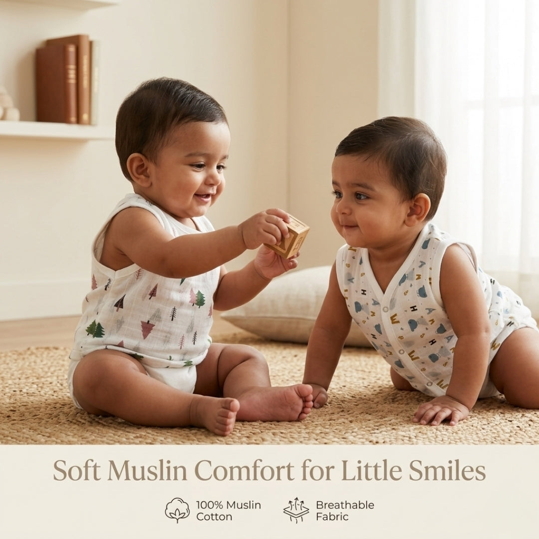 Premium Muslin Printed Push-Button Jhabla Pack of 4 - Mix Print