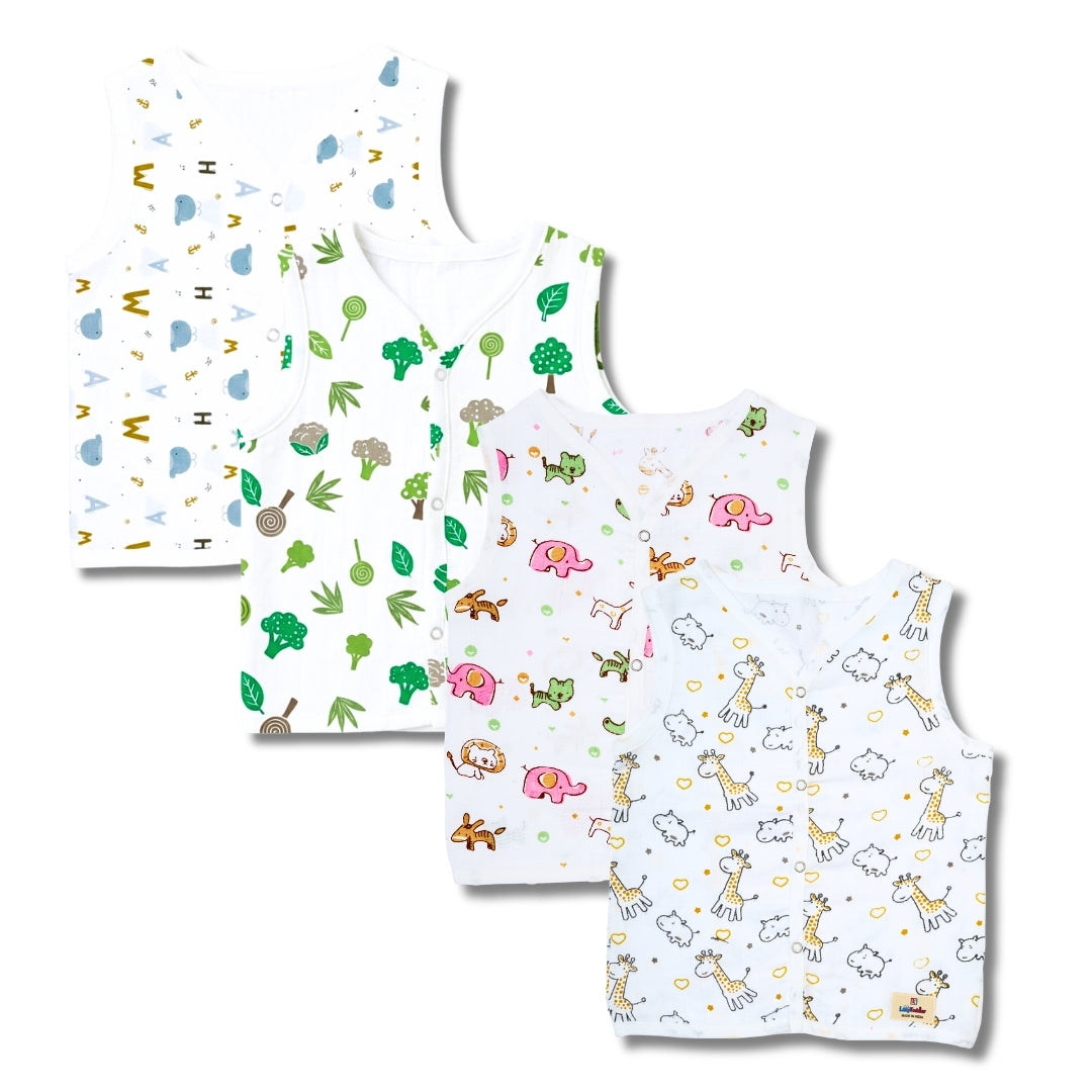 Premium Muslin Printed Push-Button Jhabla Pack of 4 - Mix Print