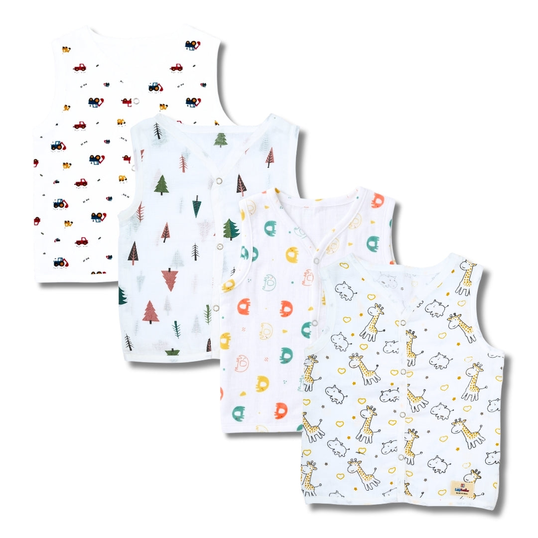 Premium Muslin Printed Push-Button Jhabla Pack of 4 - Mix Print