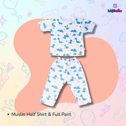 LazyToddler Muslin Half Shirt and Full Pant Set (Blue Dino)