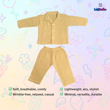 Crinkled Muslin Full Night Suit Premium Open Collar