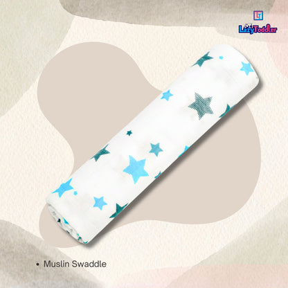 Premium Organic Muslin Cotton Swaddle Single Blue Star Desgine