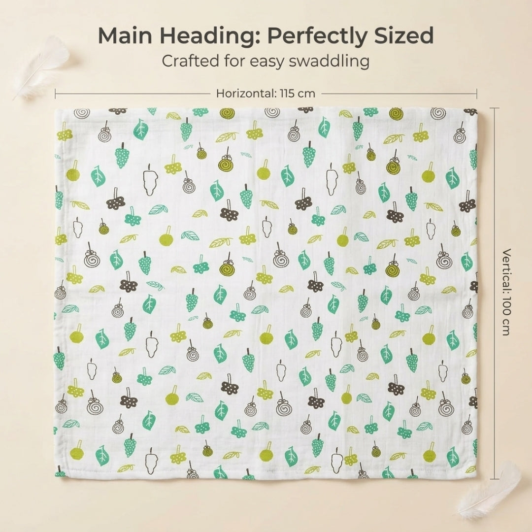 Premium Organic Muslin Cotton Swaddle Single Green Leaf Desgine