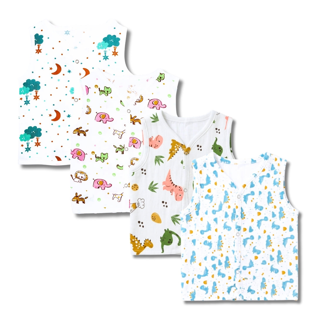 Premium Muslin Printed Push-Button Jhabla Pack of 4 - Mix Print