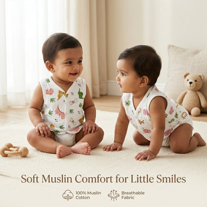 Premium Muslin Printed Push-Button Jhabla Pack of 4 - Mix Print