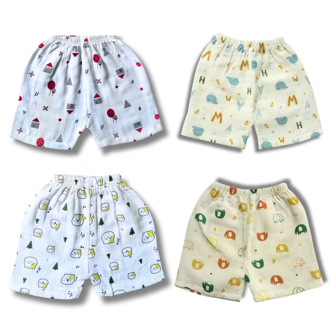 LazyToddler Summer Essential Pack of 4 Pure Muslin Cotton Shorts for Toddlers Infants