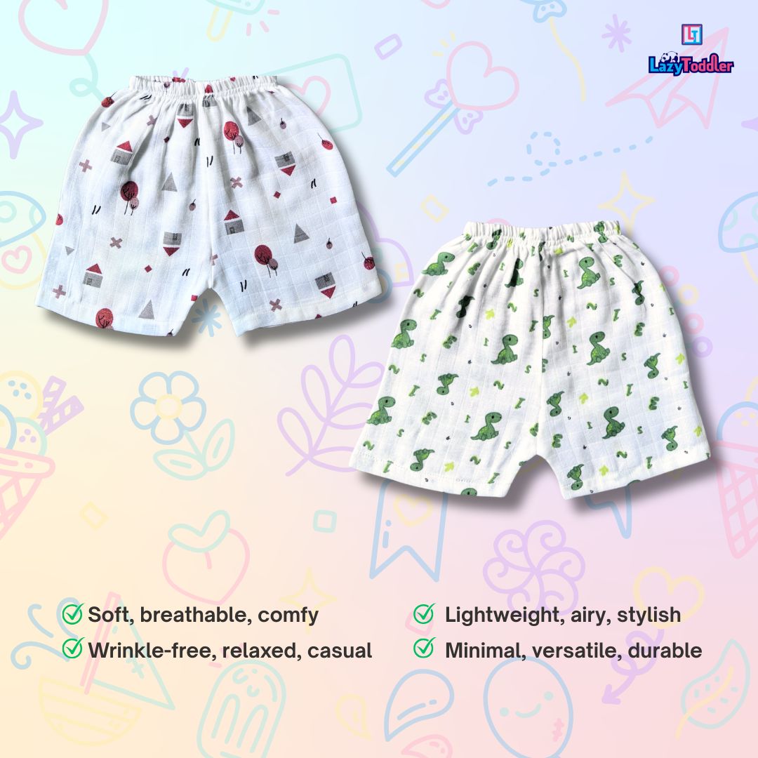 LazyToddler Summer Essential Pack of 4 Pure Muslin Cotton Shorts for Toddlers Infants