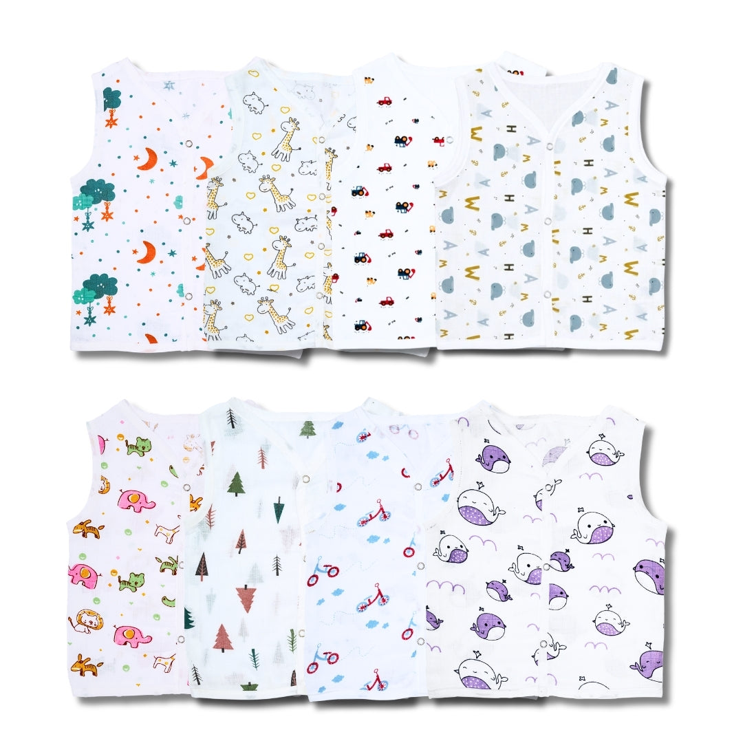 Premium Muslin Printed Push-Button Jhabla Pack of 8 - Mix Print