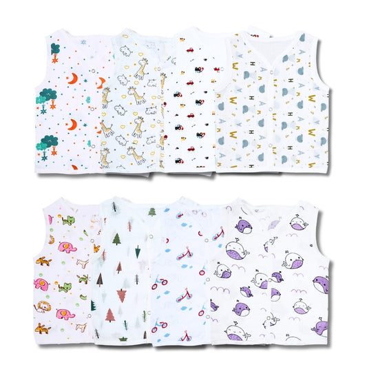 Premium Muslin Printed Push-Button Jhabla Pack of 8 - Mix Print