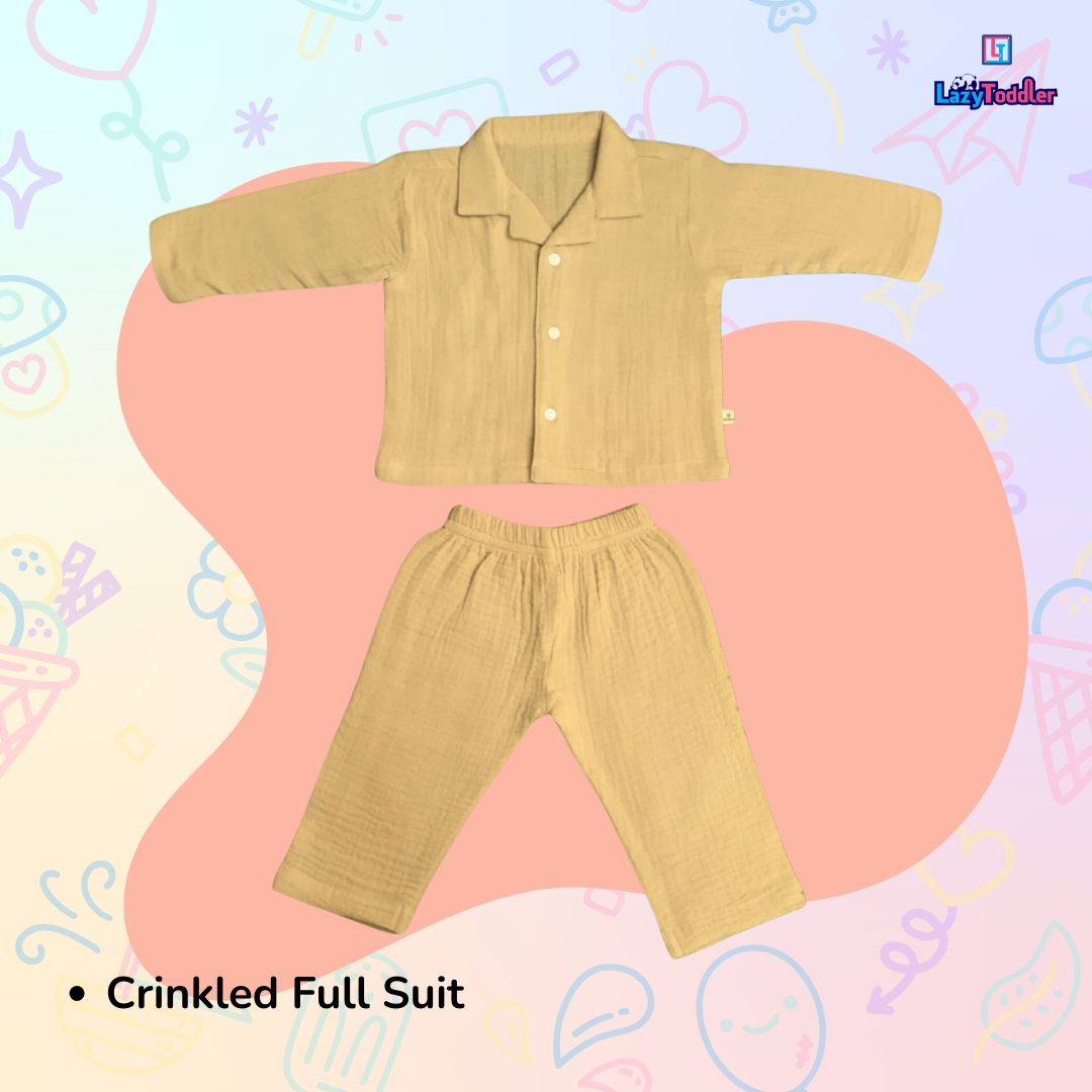 Crinkled Muslin Full Night Suit Premium Open Collar