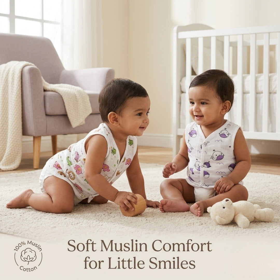 Premium Muslin Printed Push-Button Jhabla Pack of 8 - Mix Print