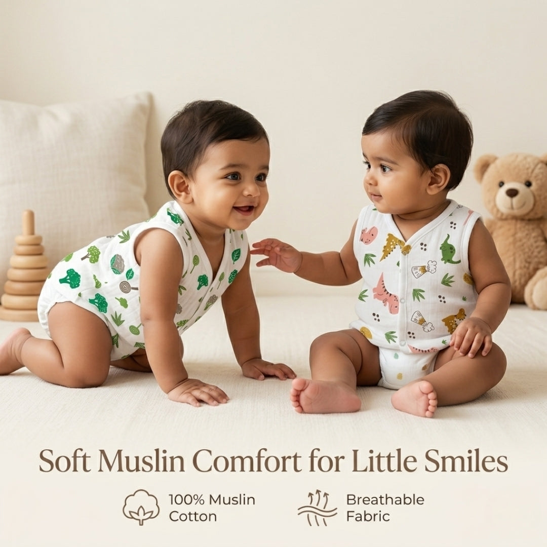 Premium Muslin Printed Push-Button Jhabla Pack of 8 - Mix Print