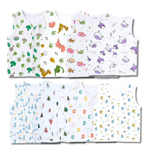 Premium Muslin Printed Push-Button Jhabla Pack of 8 - Mix Print