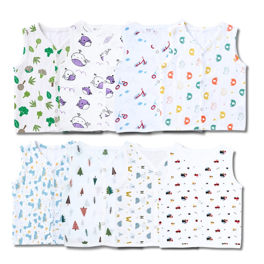 Premium Muslin Printed Push-Button Jhabla Pack of 8 - Mix Print