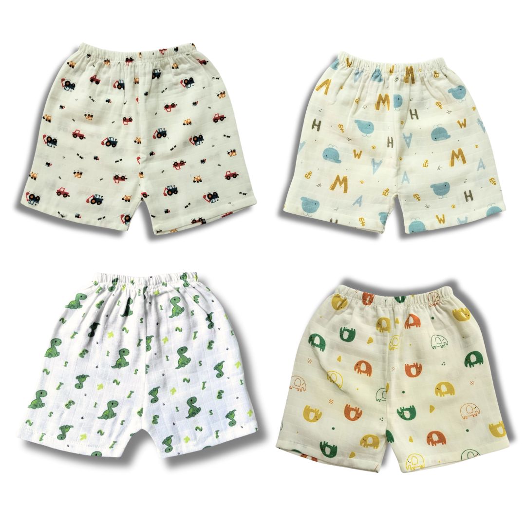 LazyToddler Summer Essential Pack of 4 Pure Muslin Cotton Shorts for Toddlers Infants