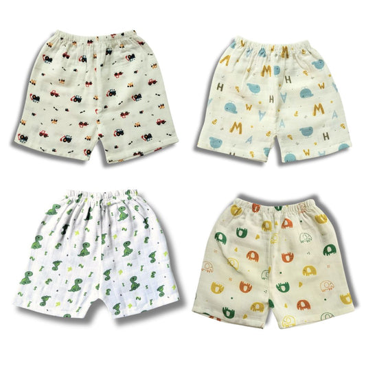 LazyToddler Summer Essential Pack of 4 Pure Muslin Cotton Shorts for Toddlers Infants