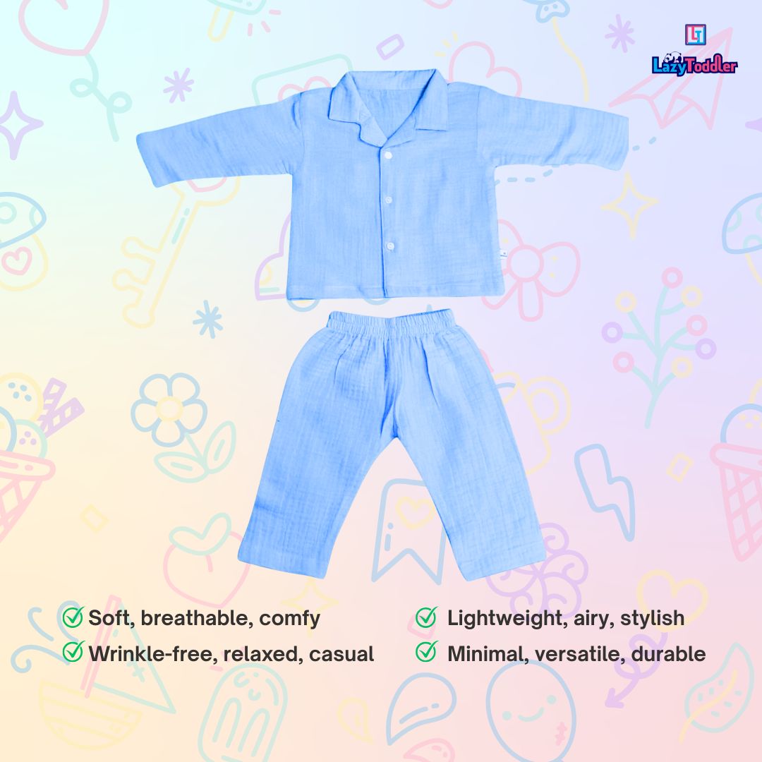 Crinkled Muslin Full Night Suit Premium Open Collar