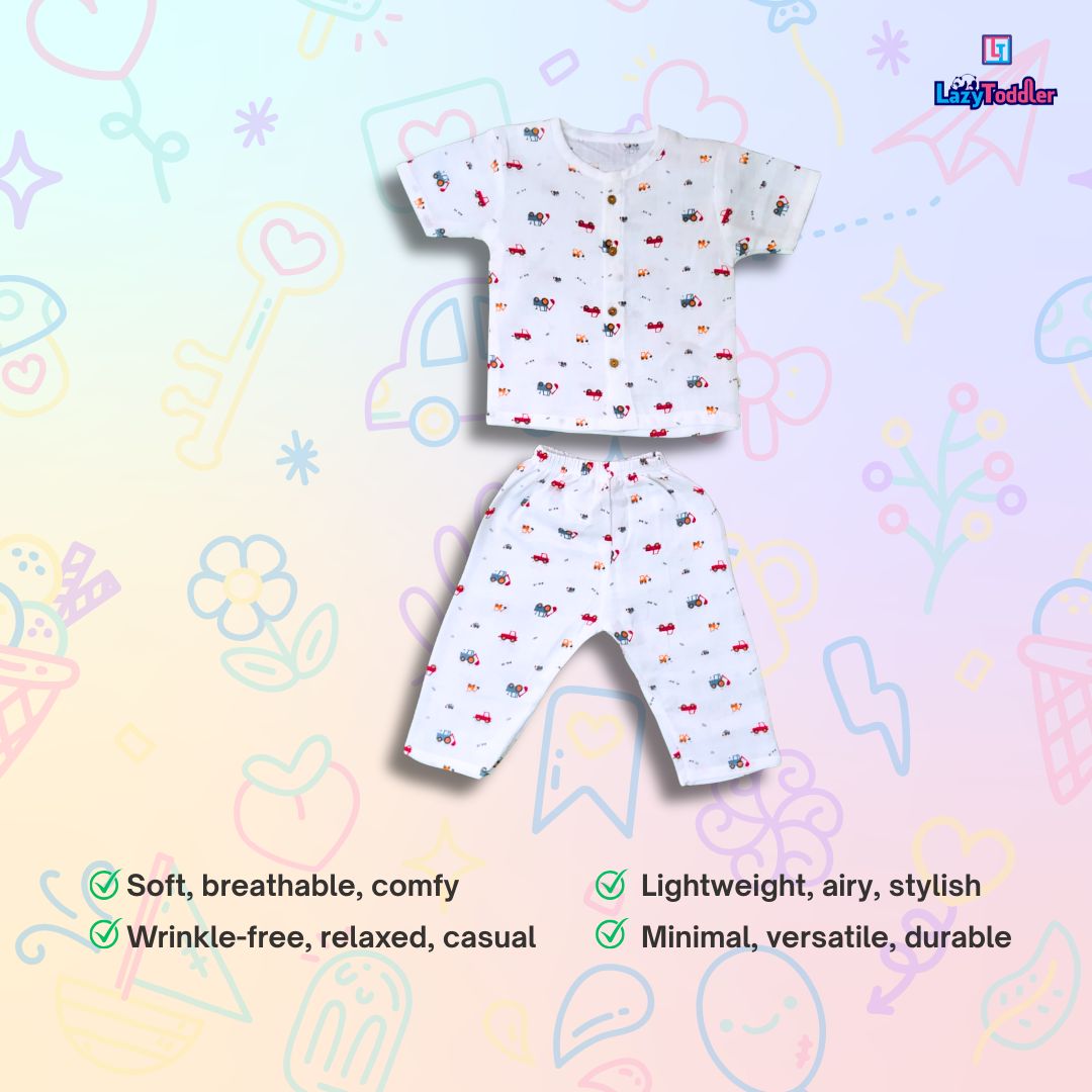 LazyToddler Muslin Half Shirt and Full Pant Set ( Crane )