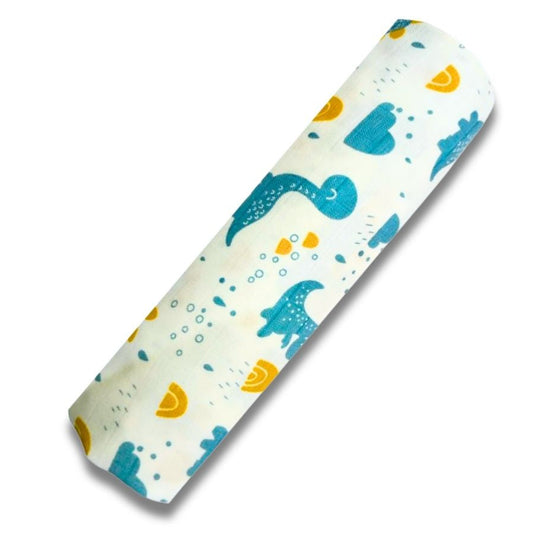 Premium Organic Muslin Cotton Swaddle Single Blue DIno Desgine