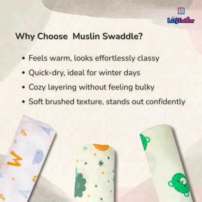 Premium Organic Muslin Cotton Swaddle Single Blue DIno Desgine