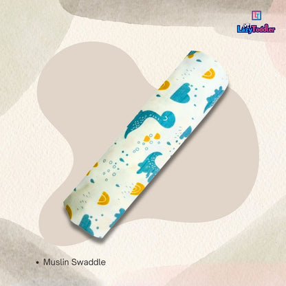 Premium Organic Muslin Cotton Swaddle Single Blue DIno Desgine