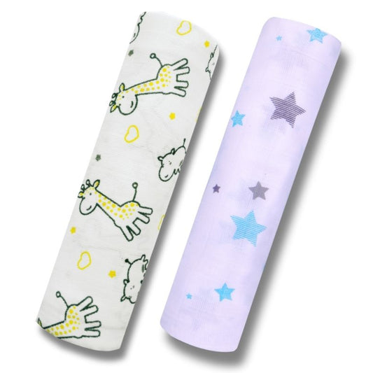 Lazytoddler Muslin Swaddle Printed Design (Yellow Camel , Blue Star)  Set of 2