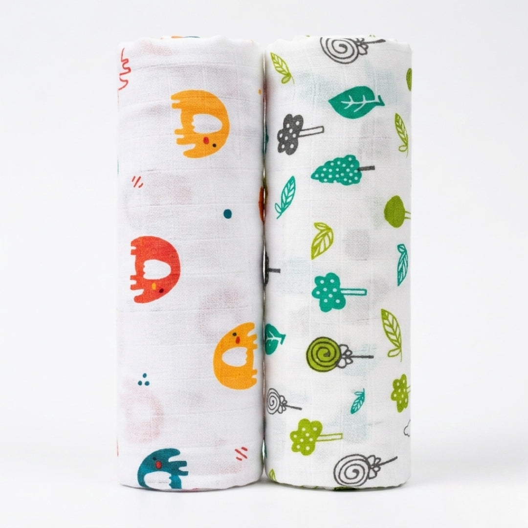 Lazytoddler Muslin Swaddle Printed Design (Elephant & Leaf)  Set of 2