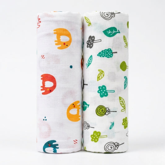 Lazytoddler Muslin Swaddle Printed Design (Elephant & Leaf)  Set of 2