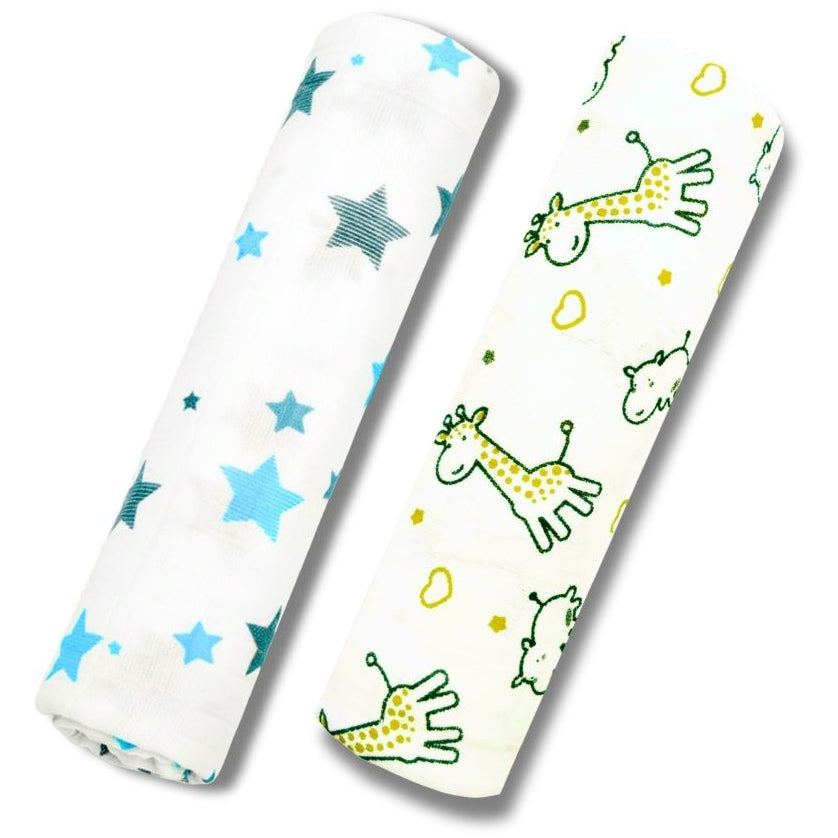 Lazytoddler Muslin Swaddle Printed Design (Yellow Camel , Blue Star)  Set of 2