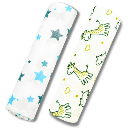 Lazytoddler Muslin Swaddle Printed Design (Yellow Camel , Blue Star)  Set of 2
